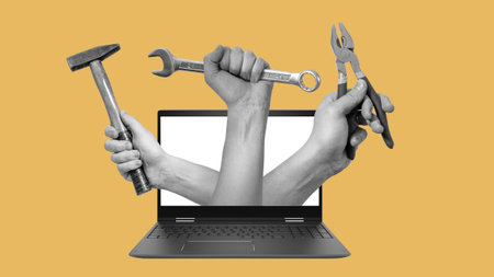 Art collage, hands with tools from a laptop on light background with space for text. The concept of working with different activities.の写真素材