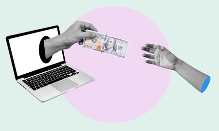 Creative photo collage artwork postcard poster sketch money payment for a subscription inside a notebook. Art collage, on the theme of business and finance.の写真素材