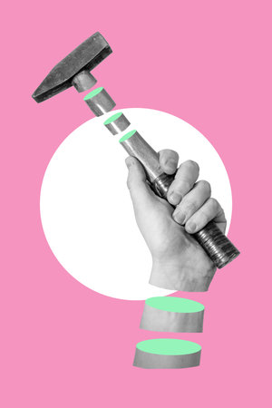 Digital collage with an image of a man's hand holding a hammer on a pink background. Concept of a carpenter's work.の写真素材