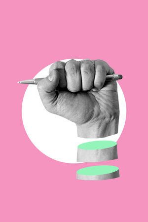 Businessman holding a pen in his fist, business targeting concept of focus. Art collage journalist or writer holds a pen in a fist. freedom of speech.の写真素材