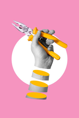 Art collage, A man's hand holding yellow pliers, on a pink background. Repair and customer service concept.の写真素材