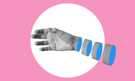 Art collage, A woman's hand on a pink background. The concept of beauty and fashion.の写真素材