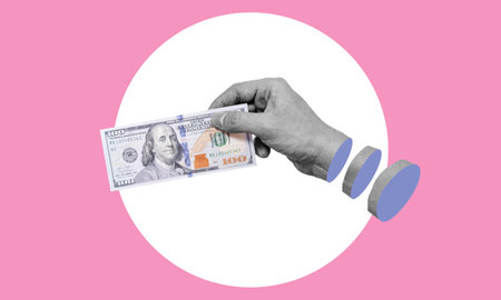 Art collage, the hand with money on a pink background. Concept of business and finance.の写真素材
