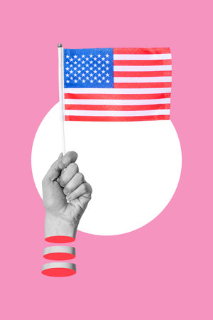 Art collage, Hand with an American flag on pink background. Concept of an enlightened American economy or politics.の写真素材