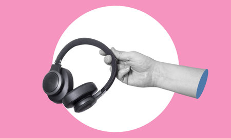 Art collage digital pop contemporary art. Hand holding headphones on a pink background. Listen to the podcast. podcast and music. Asmr sound therapy, webinar, worship.の写真素材