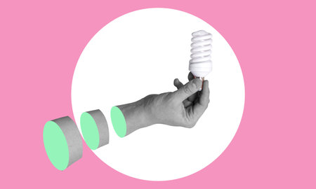 Modern art collage hand holding a light bulb. Creativity and new ideas in business. Space for copying.の写真素材
