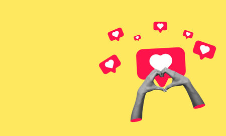 social media icons. Modern art collage of hands making a heart shape on a yellow background. Concept of social media addiction, popularity, influence, modern lifestyle, and advertisingの写真素材