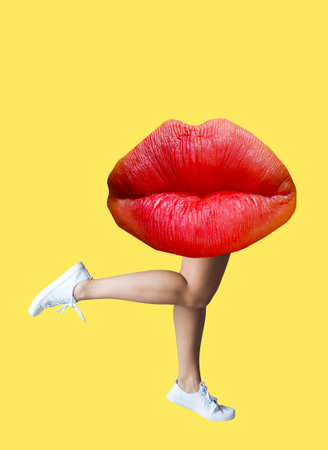 A collage of modern art. Female legs with red lips on a yellow background. Concept of beauty and style.の写真素材