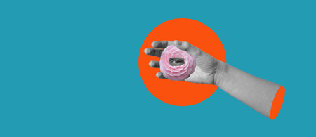 Psychiatric care. A collage of contemporary art. Abstract image of a sick eye lying on a hand, with a flower symbolizing psychological help. Pop art concept, creativity, surrealism, imagination, feelingsの写真素材