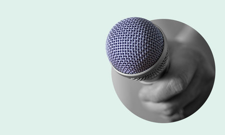 Brilliant voice concept. Microphone in the form of a disco ball on a light background. Negative space to insert your text. modern design. Collage of contemporary art. Music, festival, show.の写真素材