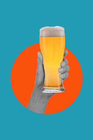 Art collage, hand with a glass of beer on a blue background and a red circle. Concept of the festival, national traditions, taste, drinks and festivals. Surrealism. Place for advertisingの写真素材