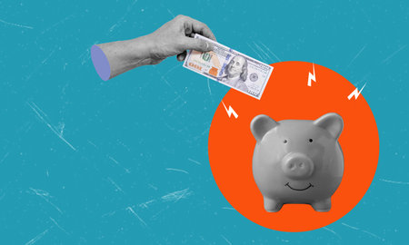 Art collage, the hand with dollars puts money in a pig's piggy bank. The concept of finance and donationの写真素材