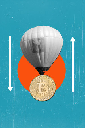 Art collage, balloon, and bitcoin, up or down. Bitcoin and cryptocurrency fluctuations.の写真素材