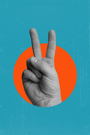 Art collage, two thumbs up on a blue background and an orange circle. Modern art.の写真素材