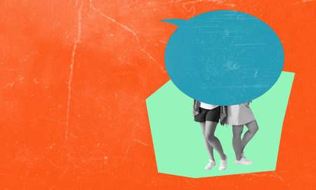 creative design. Two girls are covered in a giant speech bubble, symbolizing communication and...