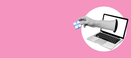Modern artistic hand collage with a laptop gift box. The concept of holiday shopping. greetings and...