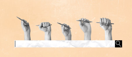Art collage of hands with ballpoint pens on a surreal background, internet search icons. The concept of journalism and document work.の写真素材