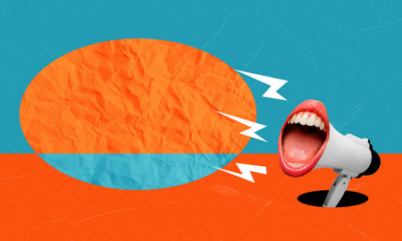female mouth screaming with a megaphone in the background. Modern design, modern creative art collage. inspiration, idea. Space for text or advertising.の写真素材