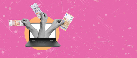 Creative photo collage artwork of hands with money from a computer on a pink background with space...