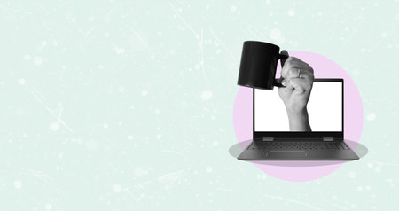 creative collage. A hand with a laptop mug on a light background. Online socializing concept, holiday, partyの写真素材
