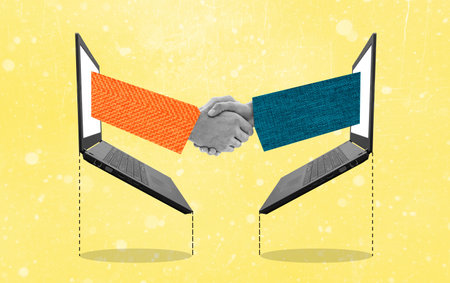Successful business deal online. Modern art collage of a handshake appearing grom laptop decide on a yellow background. Concept of work, business, success, motivation, advertisingの写真素材