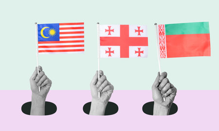 Art collage, Hand with Malaysian, Belarusian, and Grizin flags on a light background. The concept of enlightened Grisia, Malaysia, and Belarus in economics or politics.の写真素材