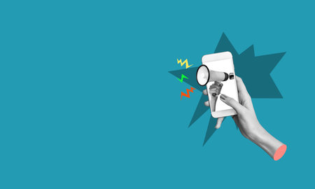 contemporary art collage. creative design. Hand with megaphone sticking out phone screen. messages, notifications, news. Concept of business, success, career development. Copy space for adの写真素材