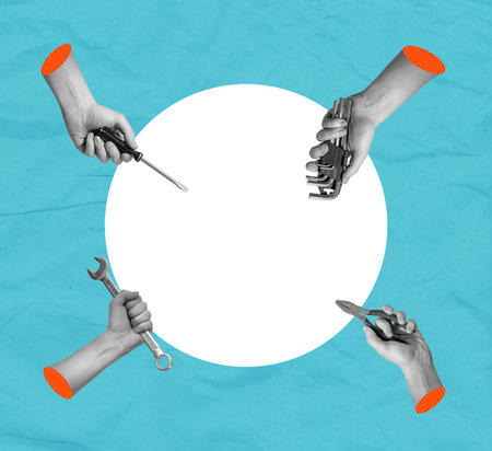 Art collage of hands with tools on a surreal background. Concept of technical support, warranty service, and repair.の写真素材
