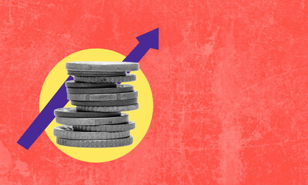 Art collage, coins, and arrow up on the red and paper background. Concept of business and financial growth.の写真素材