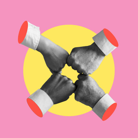 Composite collage image of four people's hands on a pink background as a team. The concept of business and team development.の写真素材