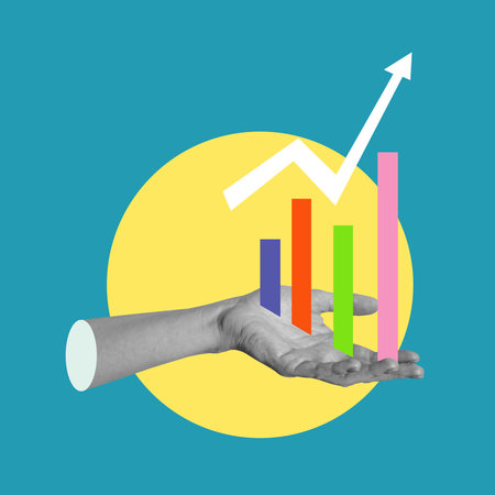 Art collage with hand and graph. Concept of business, finance, economy, professionalism and success. Symbolism and surrealism. copyspace.の写真素材