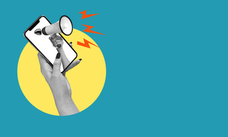 collage of modern art. modern design. A woman's hand with a megaphone sticking out on her phone screen, with room for advertising. The concept of Internet shopping, the World Wide Web and advertisingの写真素材
