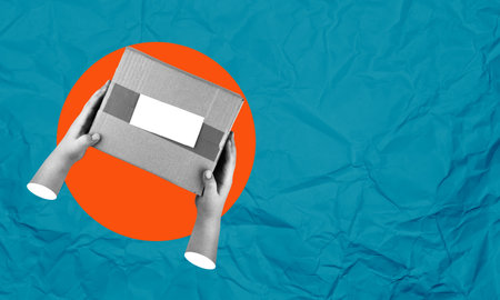 Online store and express delivery. art collage. A hand holding a box.の写真素材