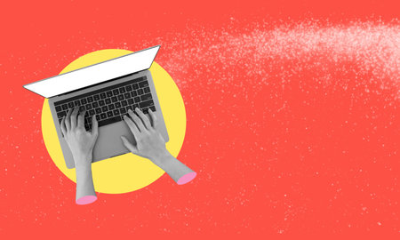 Human hands working with a laptop with the online project. freelance jobs. Modern innovations in the professional sphere. contemporary art collage. conceptual design. Concept of business, career developmentの写真素材