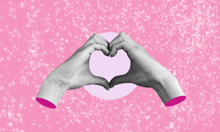 Human female hands, depicting a heart shape, on a pink background. Feelings and emotions. Modern art. modern design.の写真素材