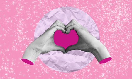Human female hands, depicting a heart shape, on a pink background. Feelings and emotions. Modern art. modern design.の写真素材