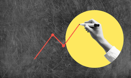 Art collage, Hand with marker draws upward arrow, stock market, stocks go up. Poster study businessmen picture chart arrow goes up there is capital budget profitの写真素材