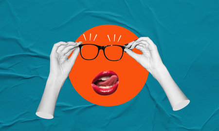 Art collage, Hands with glasses and delicate lips on a blue paper background. The concept of beauty and fashion.の写真素材