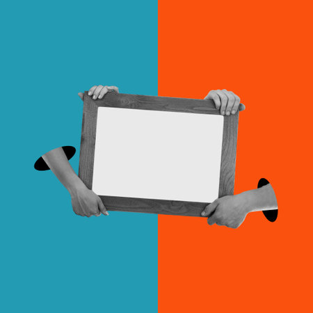 Art collage, hands holding sign with space for text. Copy space for advertising, text, design. Collage in the style of minimalism.の写真素材