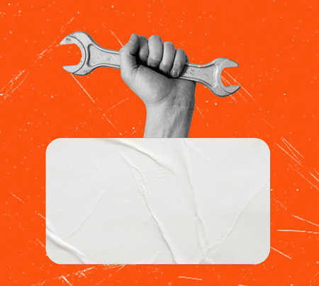 Art collage, Hand with a wrench, on red background with wet paper and space for text. Technical support and repair. The concept of repair and work.の写真素材