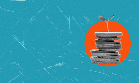 Art collage, coins on blue background with space for text. The concept of business and financial growth.の写真素材