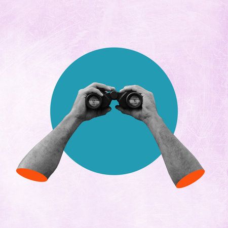 Planning and analytics, art collage. Art collage, hand with binoculars on a light pink background.の写真素材