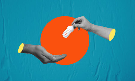Creativity and new ideas in business. art collage. A hand with a light bulb passes to the other...
