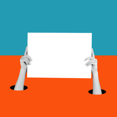 Modern art collage with human hands holding paper for advertising and information poster. advertising concept. Symbolism and Surrealism. Bright background with copy space.の写真素材