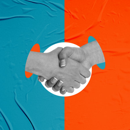 Close the deal by shaking hands. art collage. The concept of finance and business.の写真素材