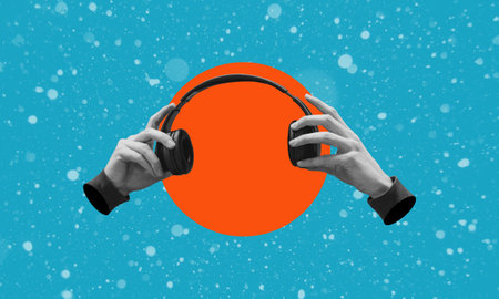 Art collage of digital pop contemporary art. Headphones in hand on a blue background. Listen to the podcast. podcast and music. Asmr sound therapy, webinar, worship.の写真素材