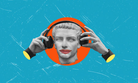 Art collage of digital pop contemporary art. Headphones in hand on a blue background. Listen to the podcast. podcast and music. Asmr sound therapy, webinar, worship.の写真素材