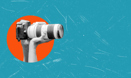 Art collage, Modern art collage with an image of a man's hand holding a camera, taking a picture...