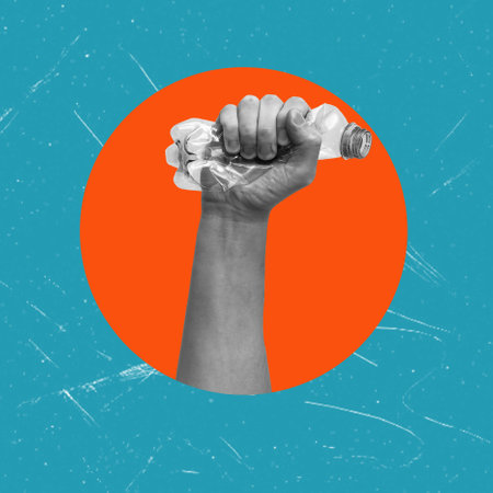 Art collage, hand-crumpled plastic bottle on blue background. Concept of ecology.の写真素材