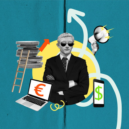 modern art collage. Conceptual portrait of a businessman with working tools in the form of a phone, money, and laptop. Plaster headの写真素材